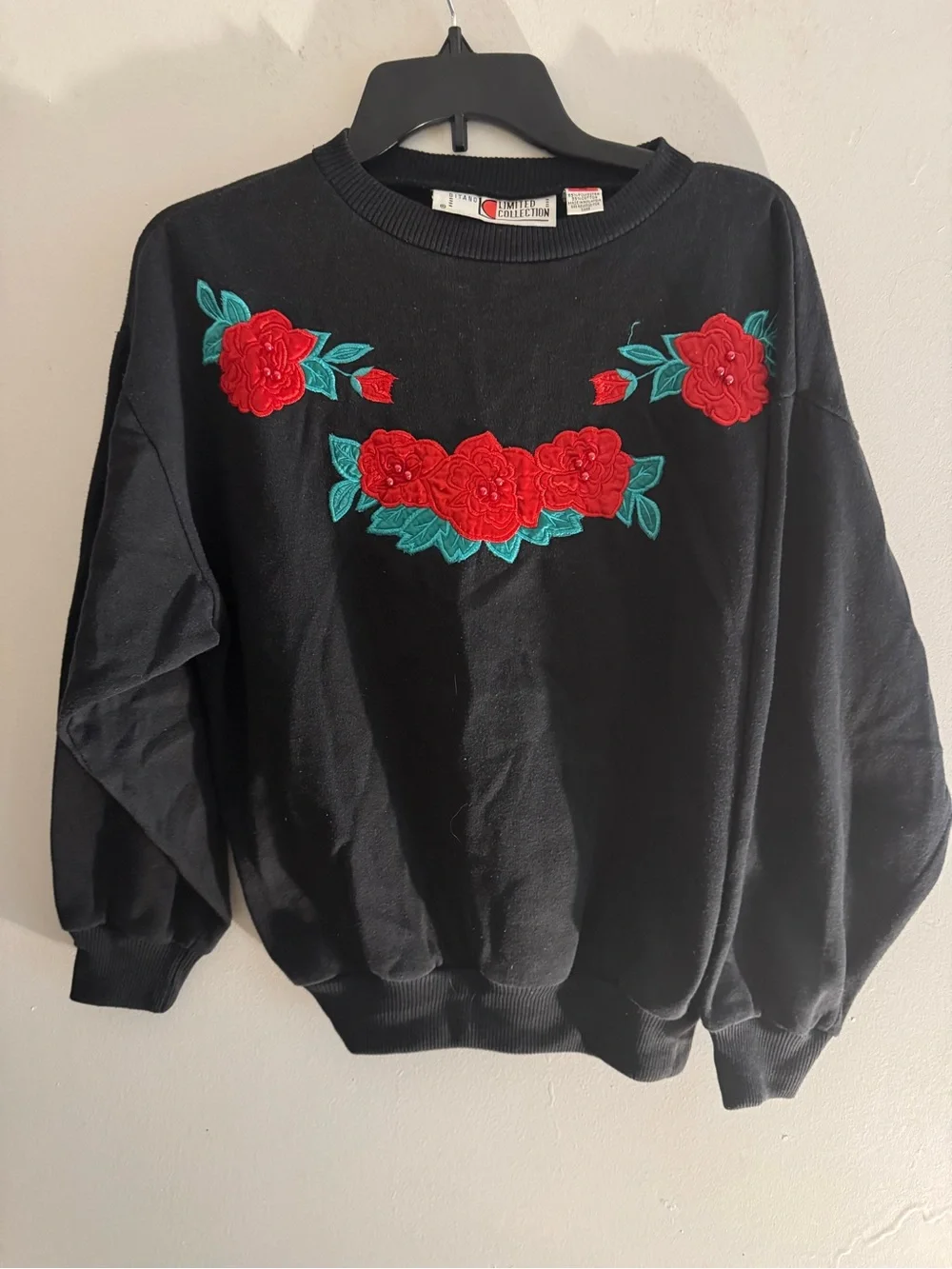 Vintage 1980s Gitano Collection black sweatshirt beaded rose embroidery Size S